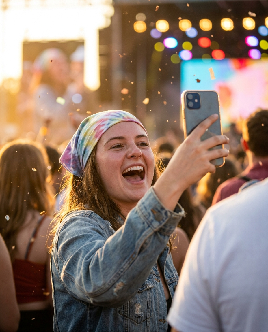 Festival crowd at sunset
