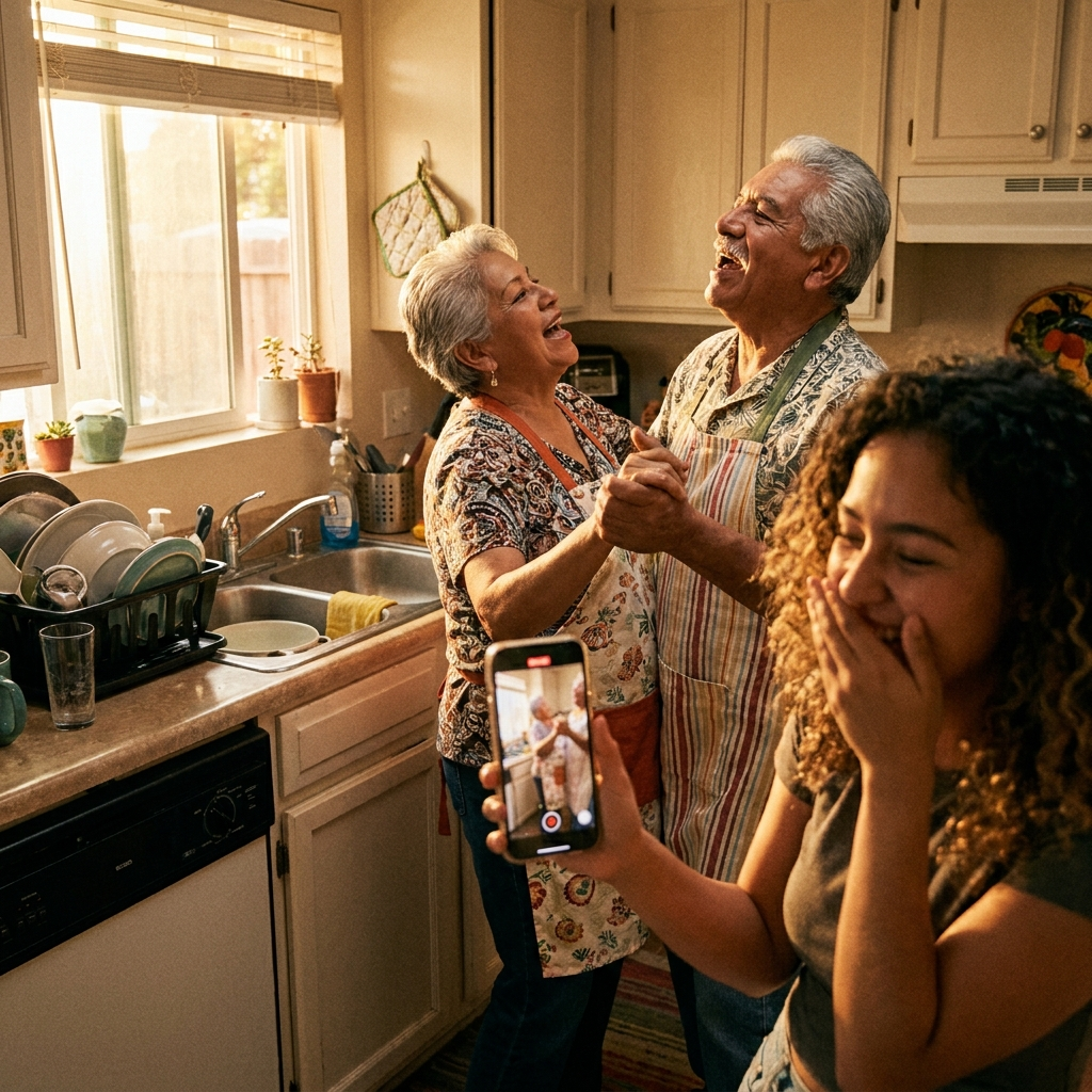 Grandparents duet in kitchen