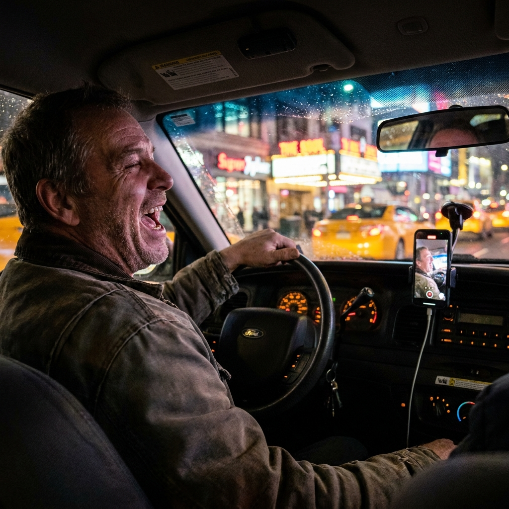Taxi driver singing at night